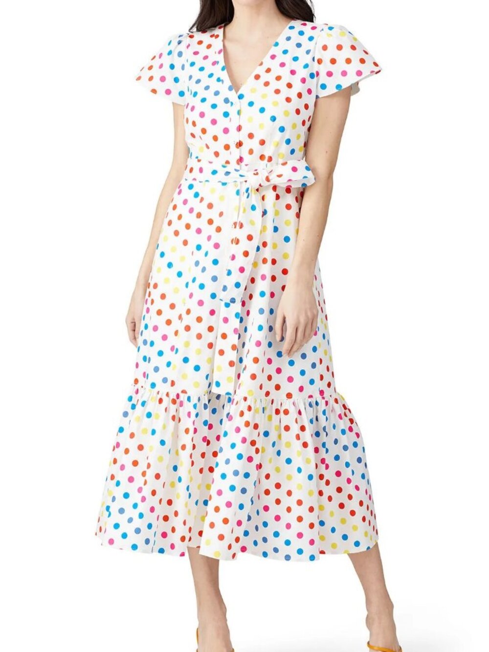 Color Me Courtney Dipping Dot Midi Dress Size 8 Rainbow Polka Dot Ruffle Hem